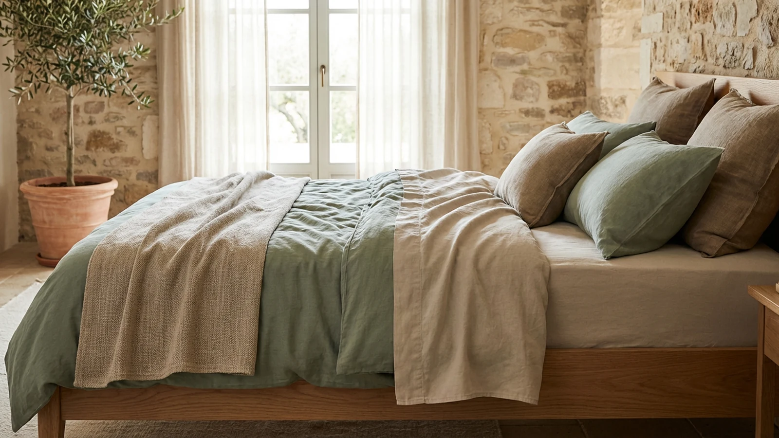 Set lenzuola cotone piegato su letto Happidea